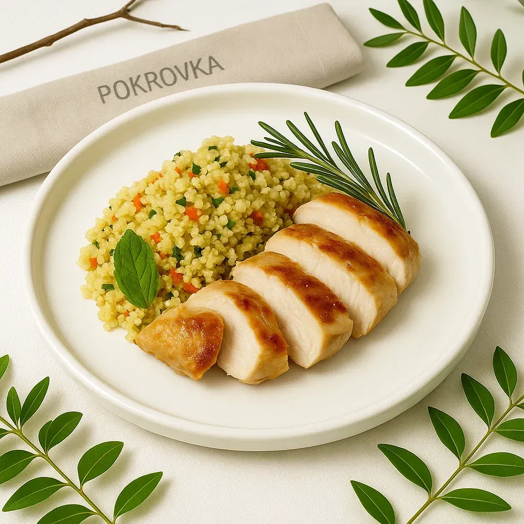 Кускус с куриной котлетой на пару и овощами