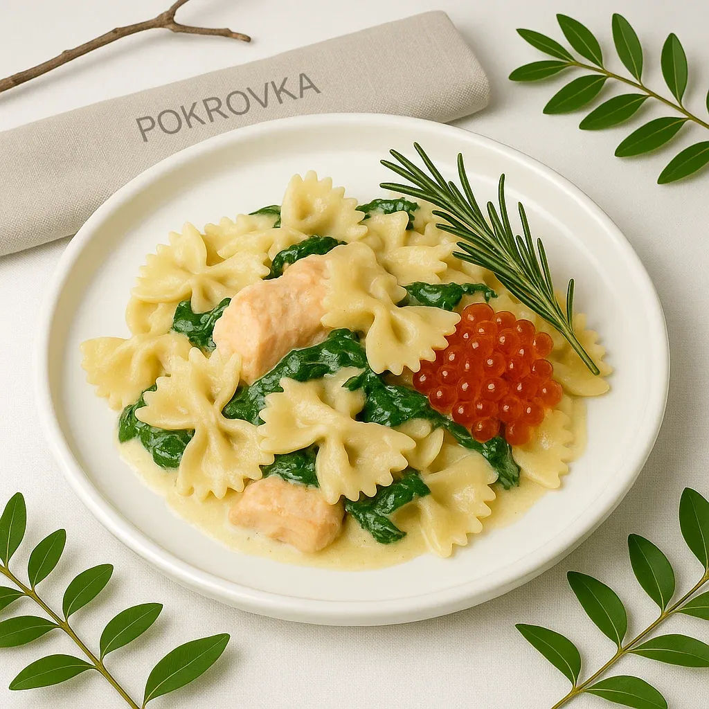 Паста Фарфале с лососем, шпинатом и красной икрой
